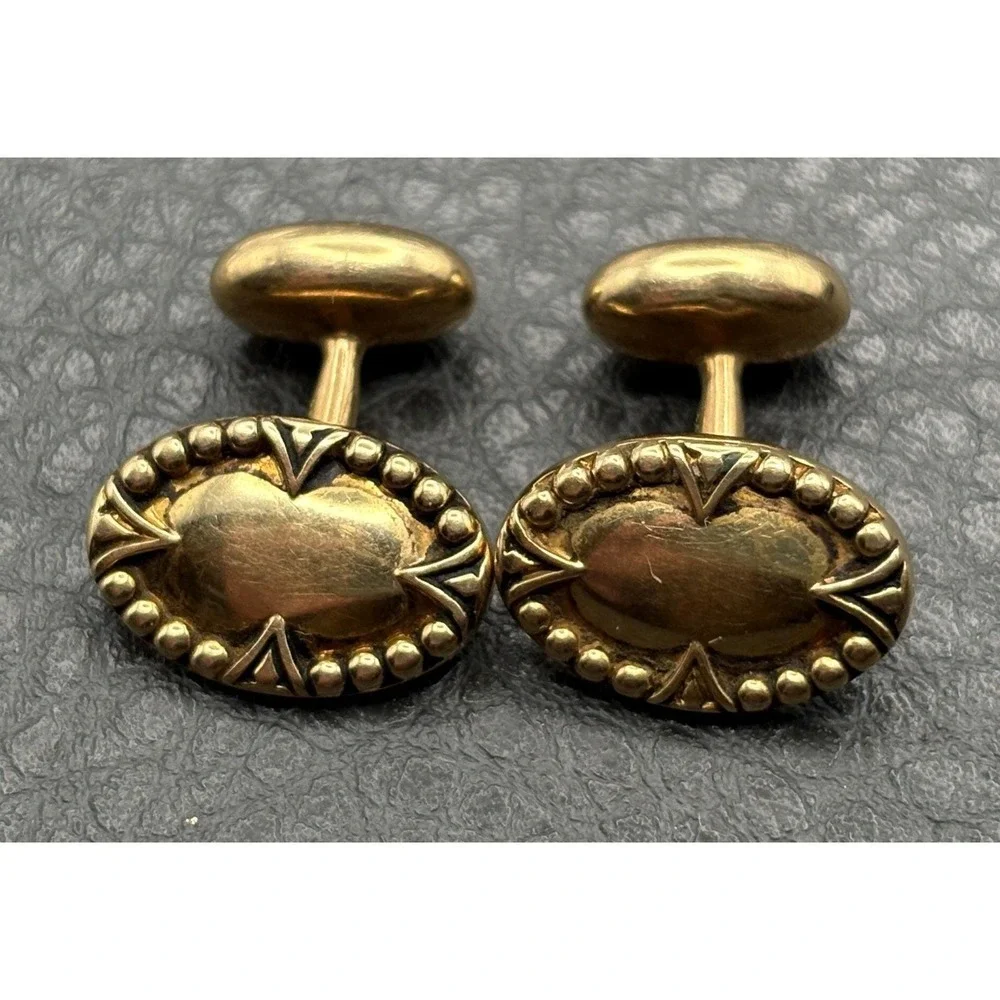 Vintage 14K Solid Yellow Gold Cufflinks Antique Geometric Details READ
